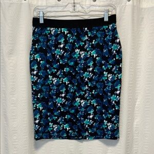 Ann Taylor Blue and Black Floral Pencil Skirt